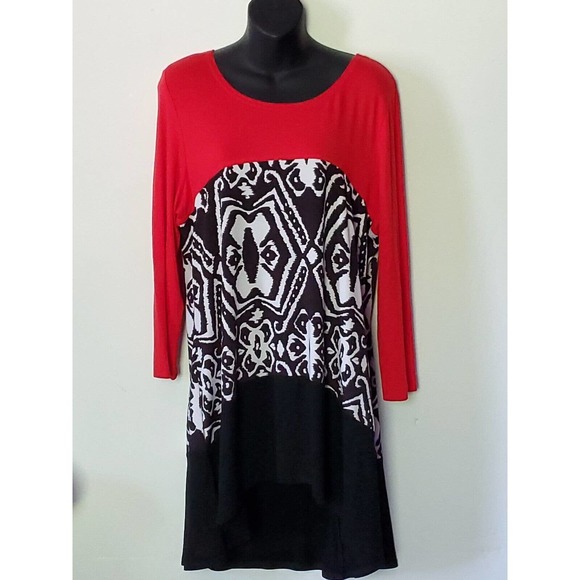 Midnight Velvet Long Sleeve Color Block Red Black White High Low Hem Large - Picture 3 of 11